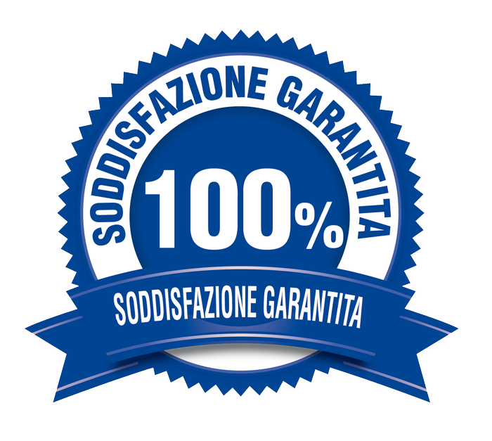 soddisfazione-garantita Blue circular '100%' satisfaction guaranteed badge with a white ring and a dark blue ribbon reading 'SODDISFAZIONE GARANTITA' across the bottom center.