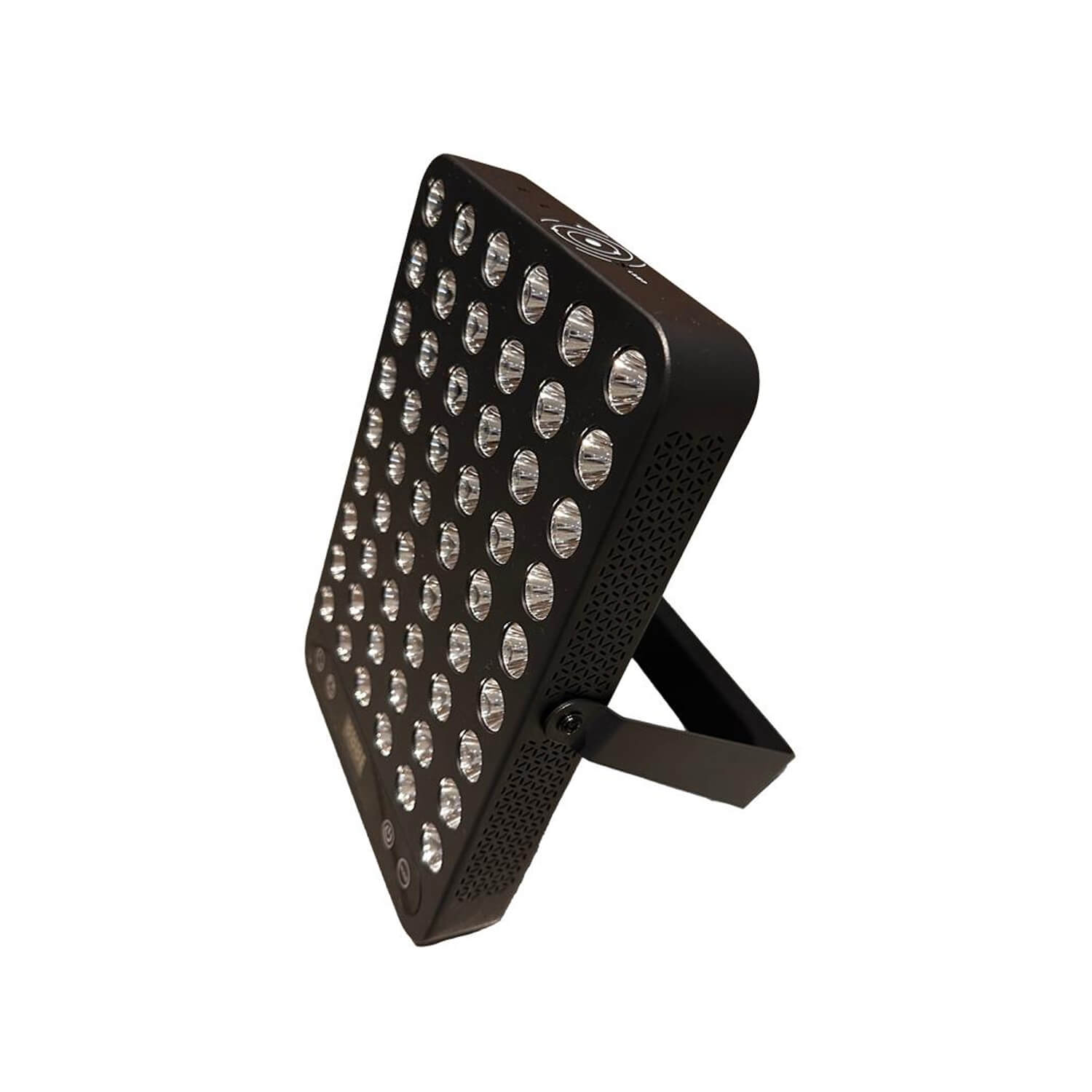 Black LED flood light panel with multiple circular LEDs arranged in a grid on a tilted stand