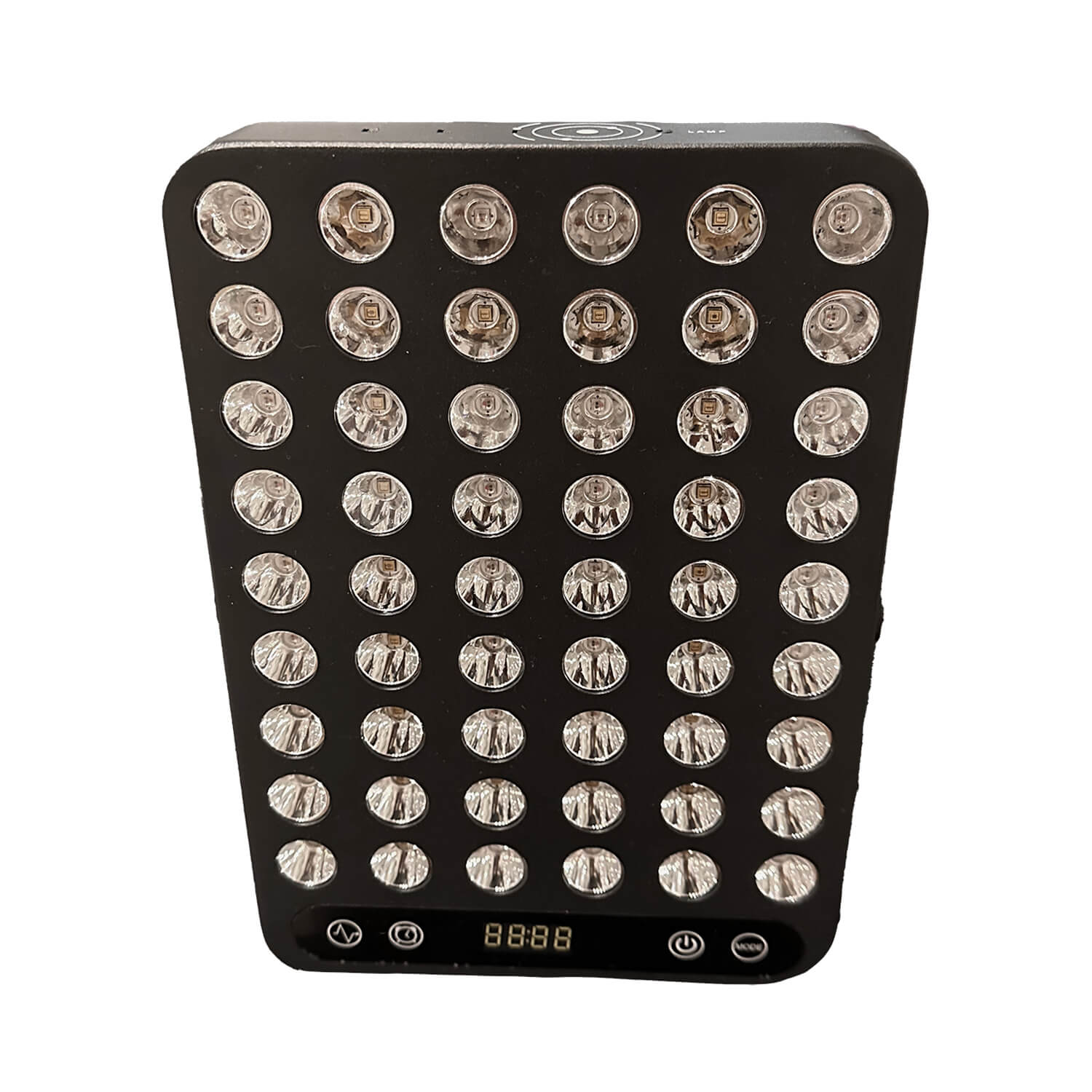Black LED grow light panel with a grid of circular LEDs and a small digital display at the bottom with control buttons.