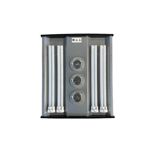 Industrial UV lamp disinfection unit with multiple vertical tubes in a metal cabinet labeled with caution signs