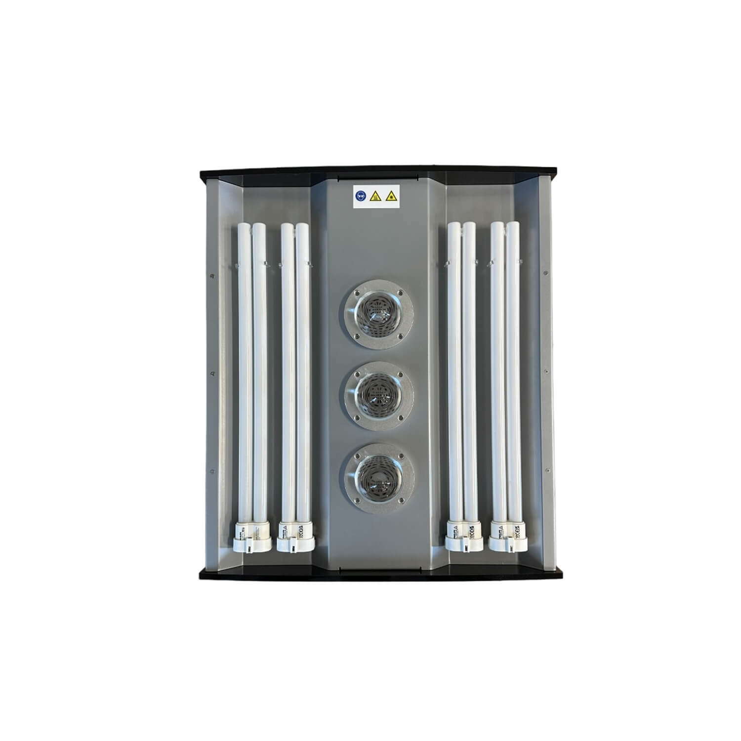 Industrial UV lamp disinfection unit with multiple vertical tubes in a metal cabinet labeled with caution signs