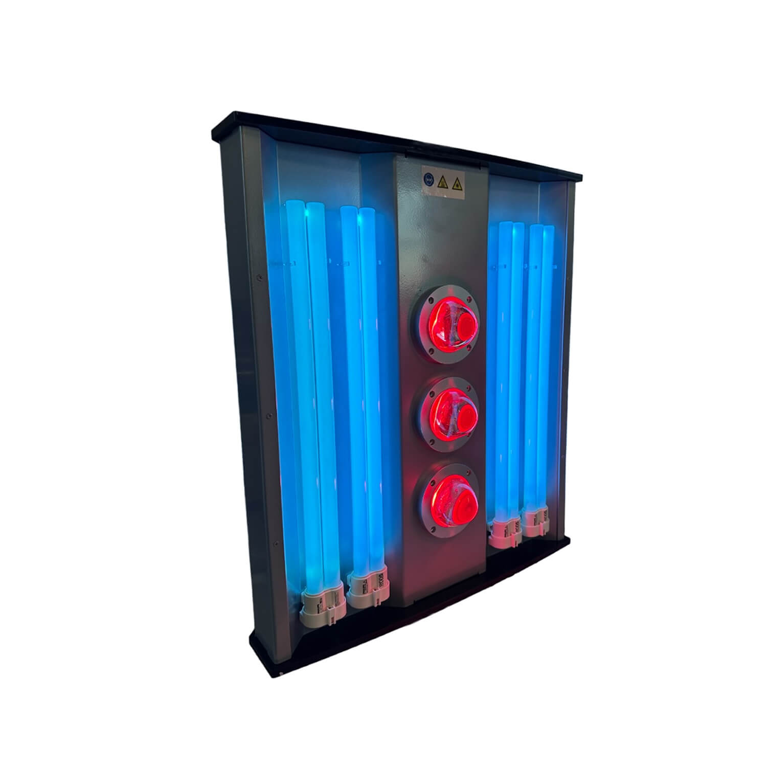 UV sterilization cabinet with blue UV tubes and red circular access ports, used for disinfection tools or equipment.