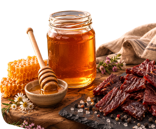 Alimenti Assorted food ingredients on a wooden board: jar of honey with a dipper, honeycomb, jerky slices, scattered salt, and small flowers nearby.
