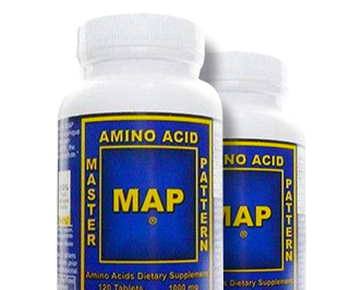Amino-MAP Two blue and yellow MAP amino acid dietary supplement bottles on a white background.