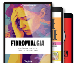 Ebooks-e-libri Magazine cover about fibromyalgia featuring colorful artwork of a worried woman; Italian subtitle reads 'Non è nella tua testa, è nel tuo metabolismo'.