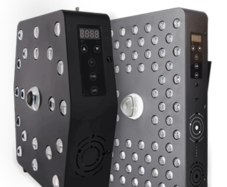 Fotobiomodulazione Dual-panel massage device with numerous massage nodes and a central digital control panel.