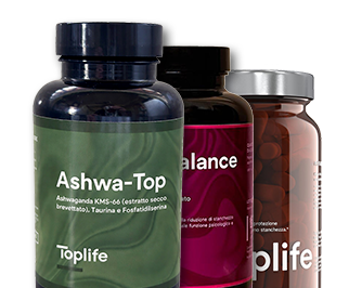 Integratori Three dietary supplement bottles, with Ashwa-Top in front, Balance in the middle, and a third Toplife bottle behind them.