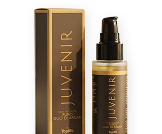 Skincare Juvenir Pure Argan Oil set: brown box and matching pump bottle.