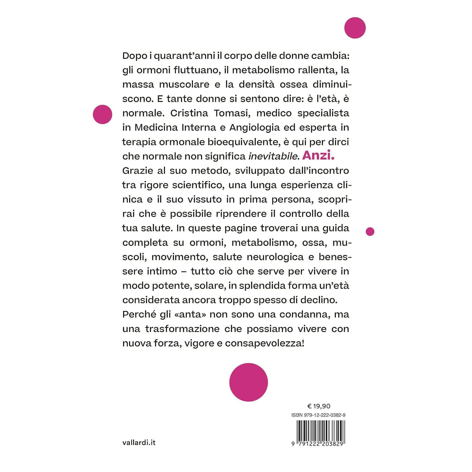 Back cover with a long Italian paragraph about health and hormones, pink circular decorations along the edges, price €19,90 and a barcode at the bottom.