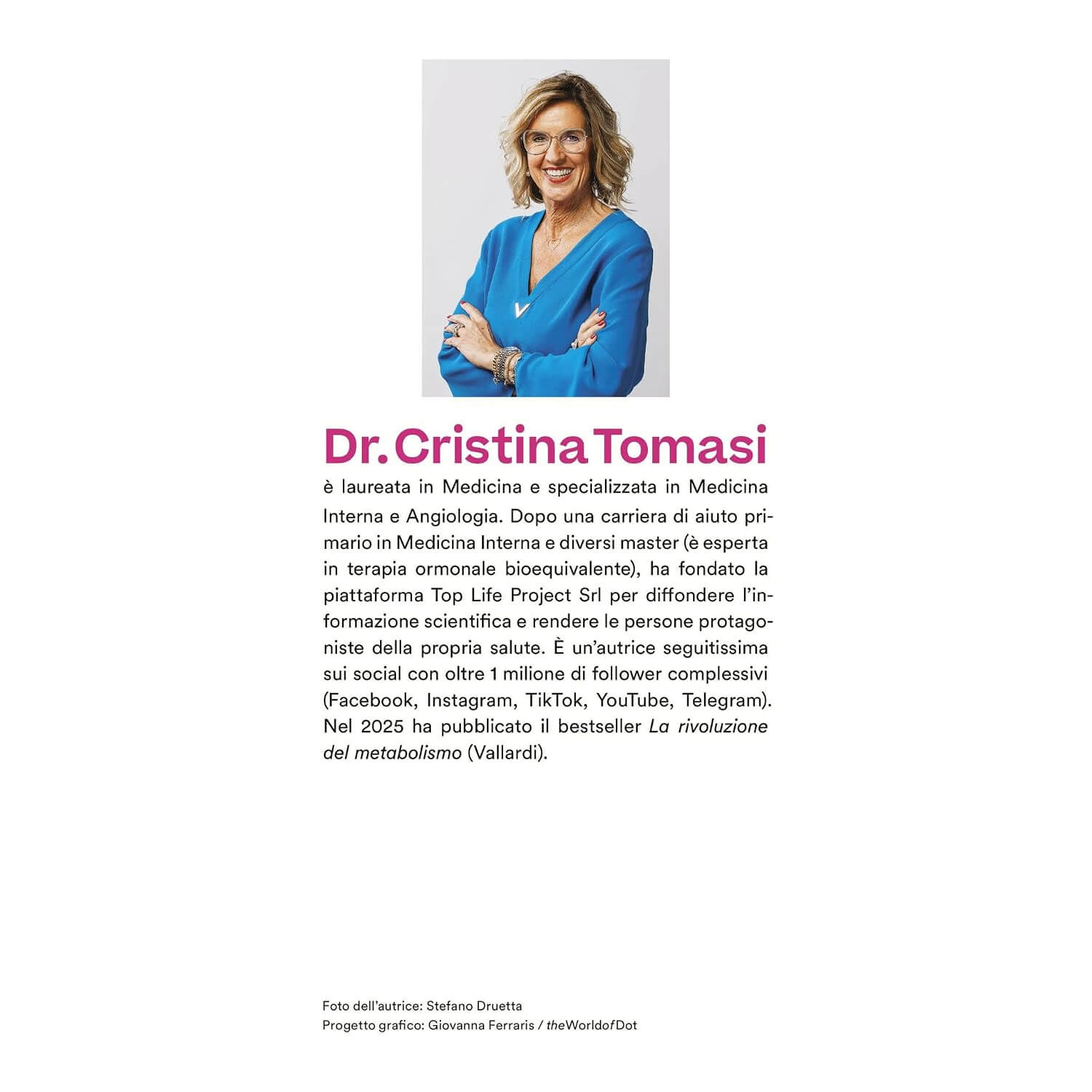 Portrait of Dr. Cristina Tomasi in a blue blouse, arms crossed, smiling, with her name in pink text and Italian bio text beneath.