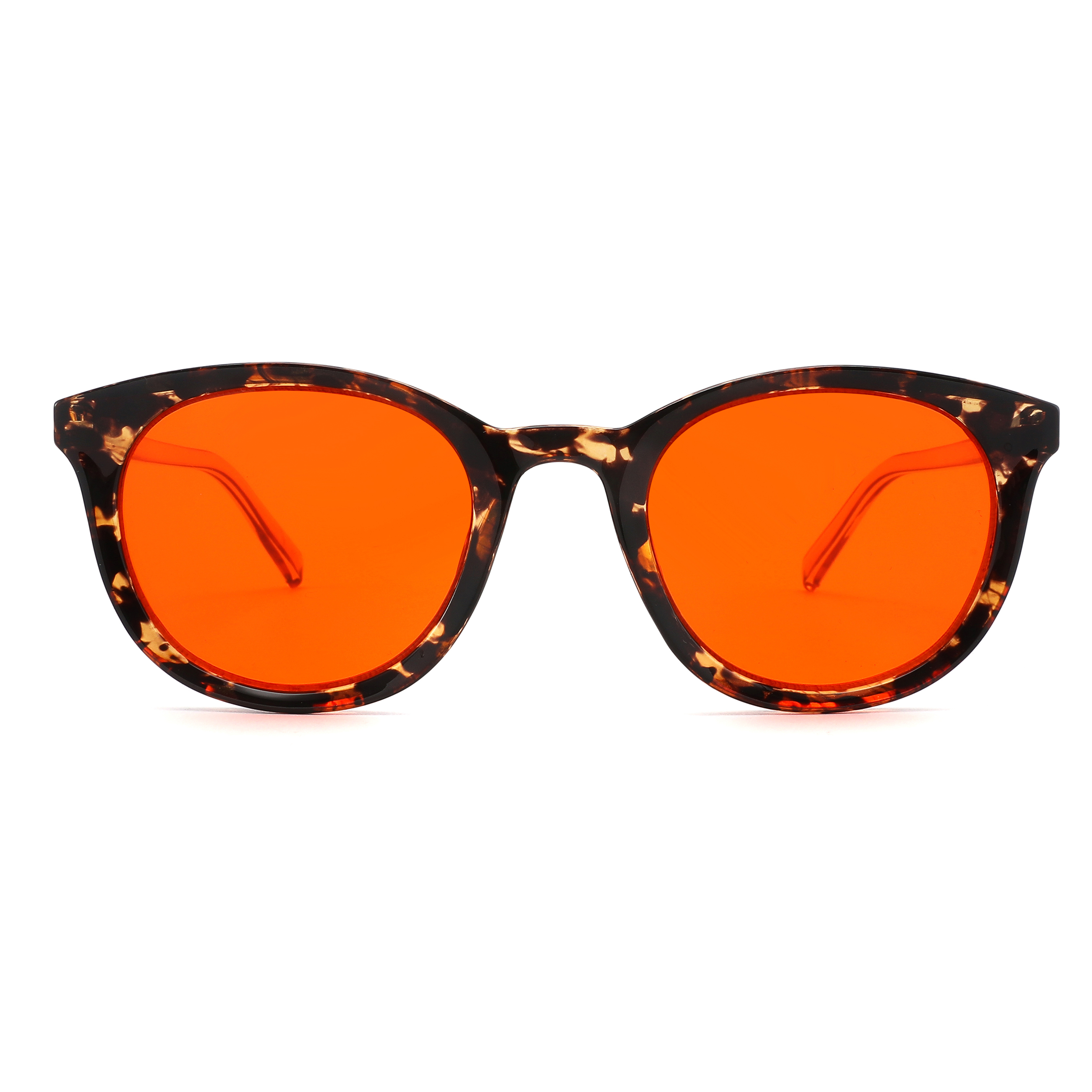Close-up of tortoiseshell sunglasses with bright orange lenses and a visible bridge.