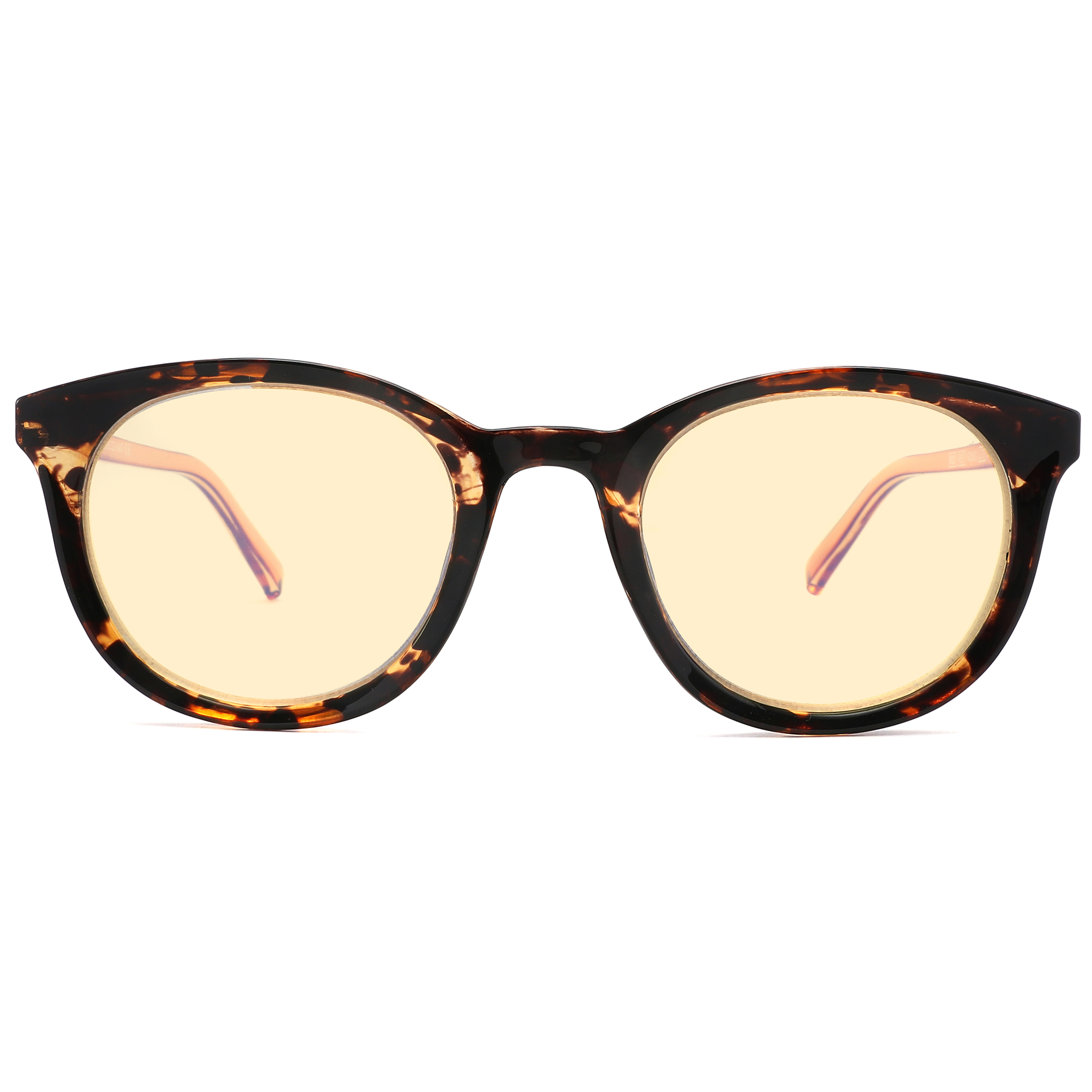 Close-up of tortoiseshell sunglasses with cream-tinted lenses, shown from the front on a white background.