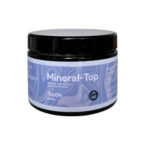 Product jar labeled Mineral-Top by Toplife, blue label, black lid, likely dietary supplement or supplement mix.