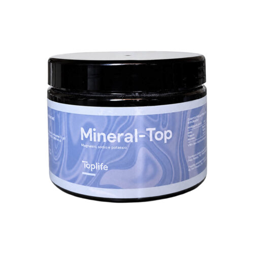 Black jar with a blue label reading Mineral-Top, a magnesium, sodium and potassium mineral supplement (Toplife).