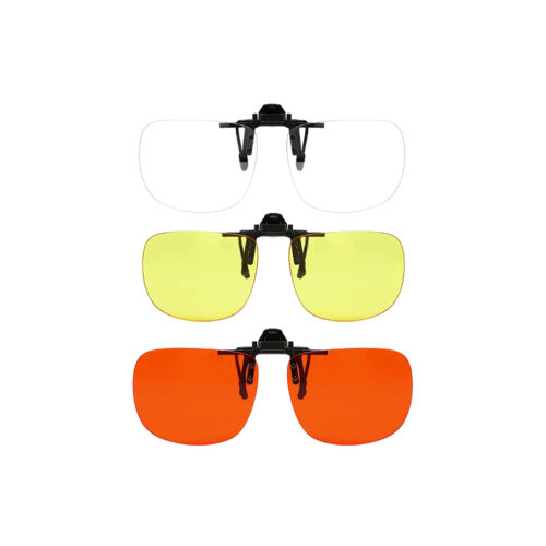 Three clip-on sunglasses stacked vertically: clear lenses on top, yellow-tinted lenses in the middle, and orange-tinted lenses at the bottom with black frames.
