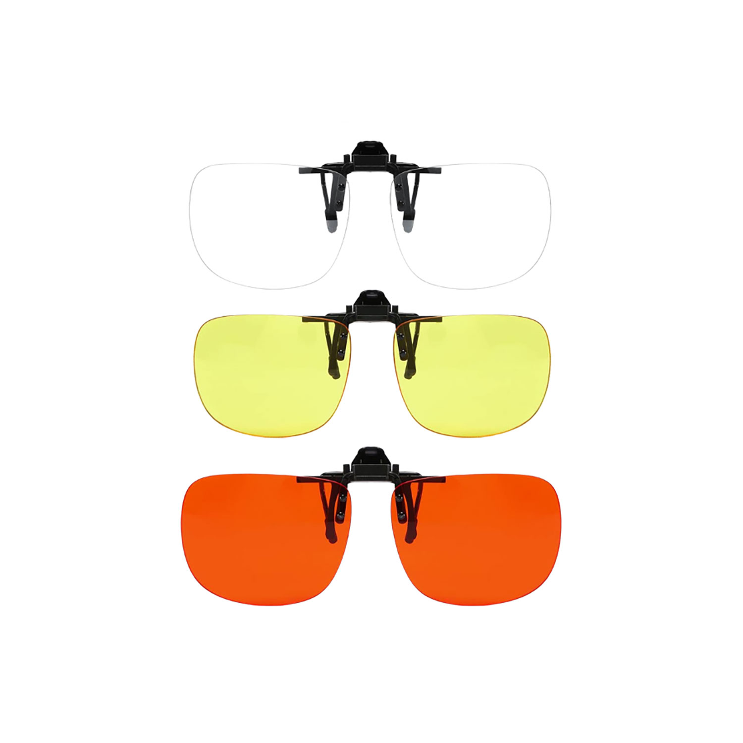 Three clip-on sunglasses stacked vertically: clear lenses on top, yellow-tinted lenses in the middle, and orange-tinted lenses at the bottom with black frames.